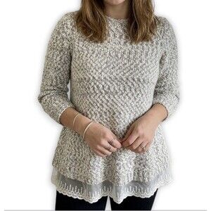 Mizumi Tan Ivory Knit Sweater w/ Lace Hem Fall/Winter Cottagecore Fashion Size M